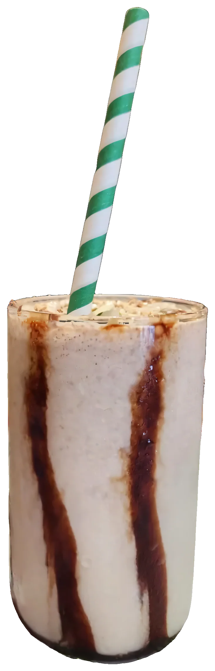 A chocolate-streaked shake with a green striped straw