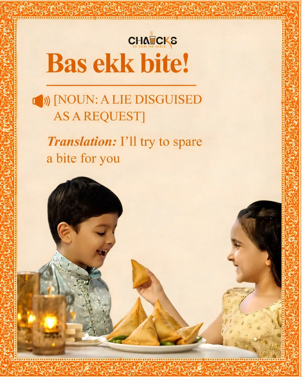 Desi Dictionary poster — Bas ekk bite! A boy and girl sharing samosas.