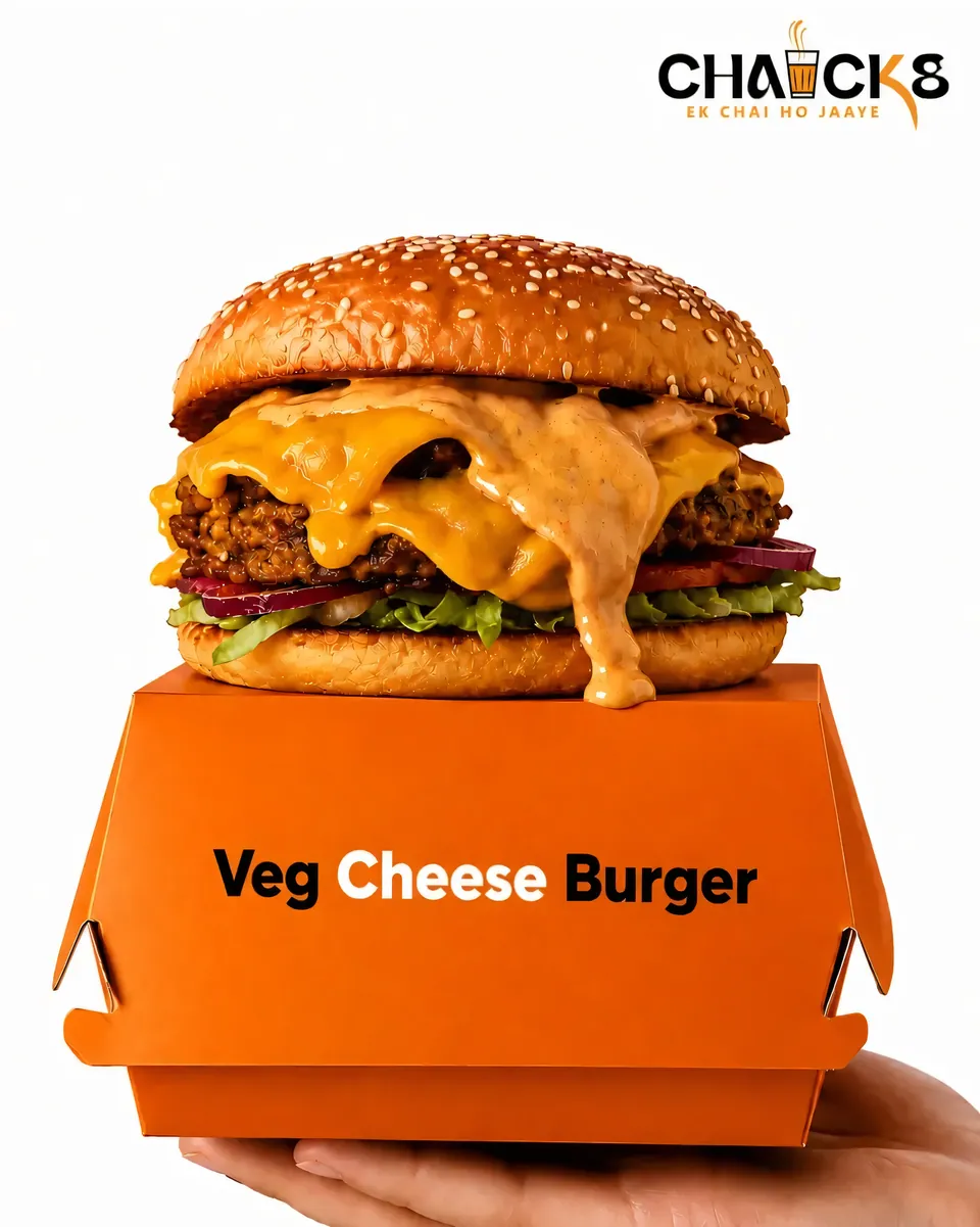 Veg cheese burger dripping with sauce on an orange CHAICKS box